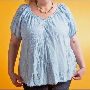 Peasant Blouse Cotton Viscose Plus Fits 1X -3X Sky Blue Lace Trim Crinkle